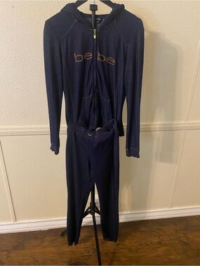bebe Navy Hoodie Jumpsuit with Gold Logo